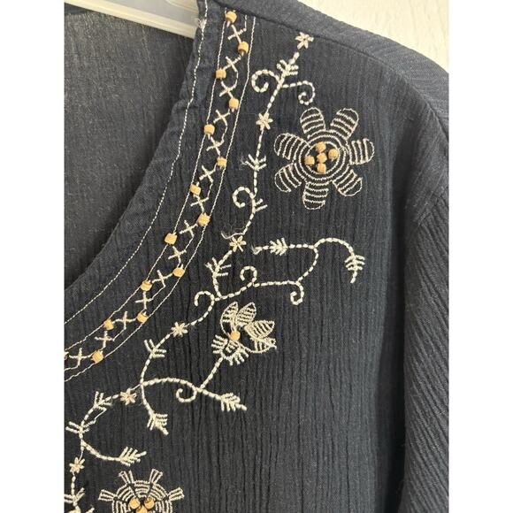 Vtg Black Gauzy Embroidered Beaded 3/4 Sleeve Top Size Medium Boho Indie Peasant - Picture 6 of 10